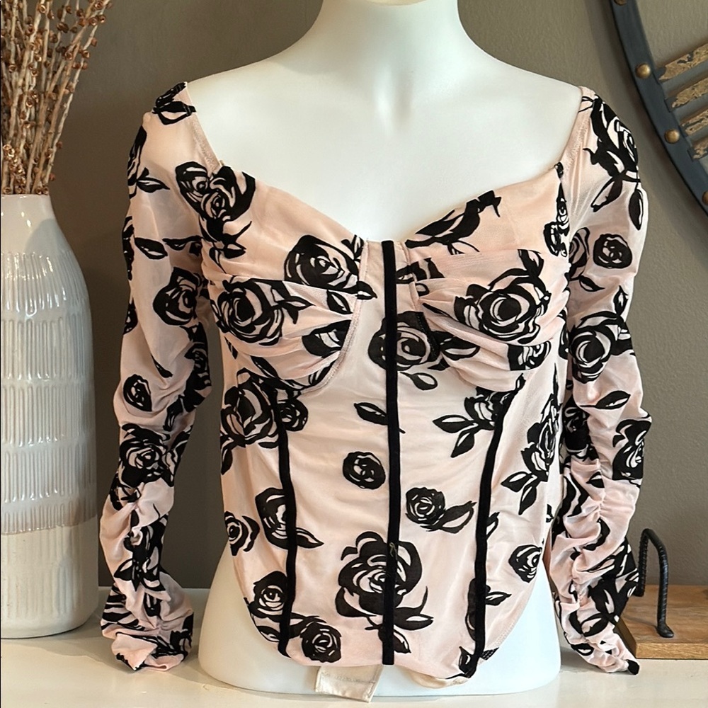 SHEIN Sxy Curve Corset Style Bodysuit Nude/Black Floral Size 2XL NWT